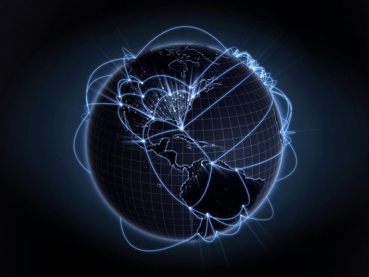 Global network, internet concept. View of North America, USA. Blue version.