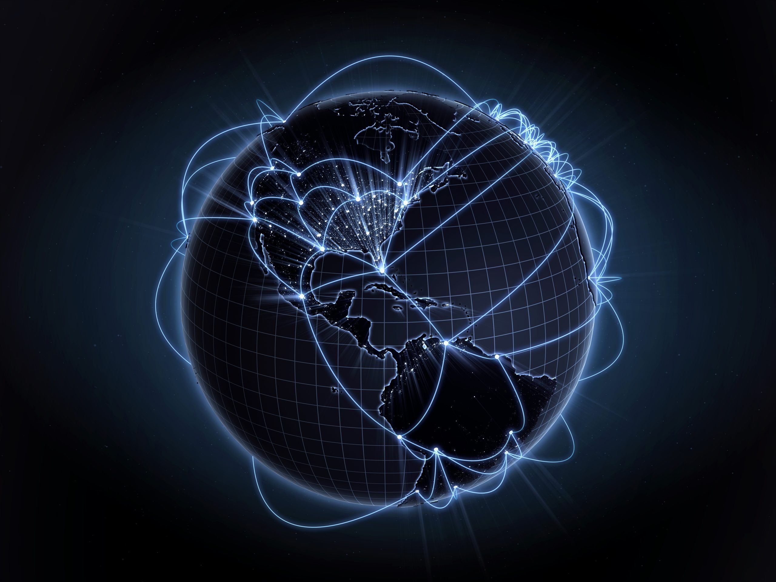 Global network, internet concept. View of North America, USA. Blue version.